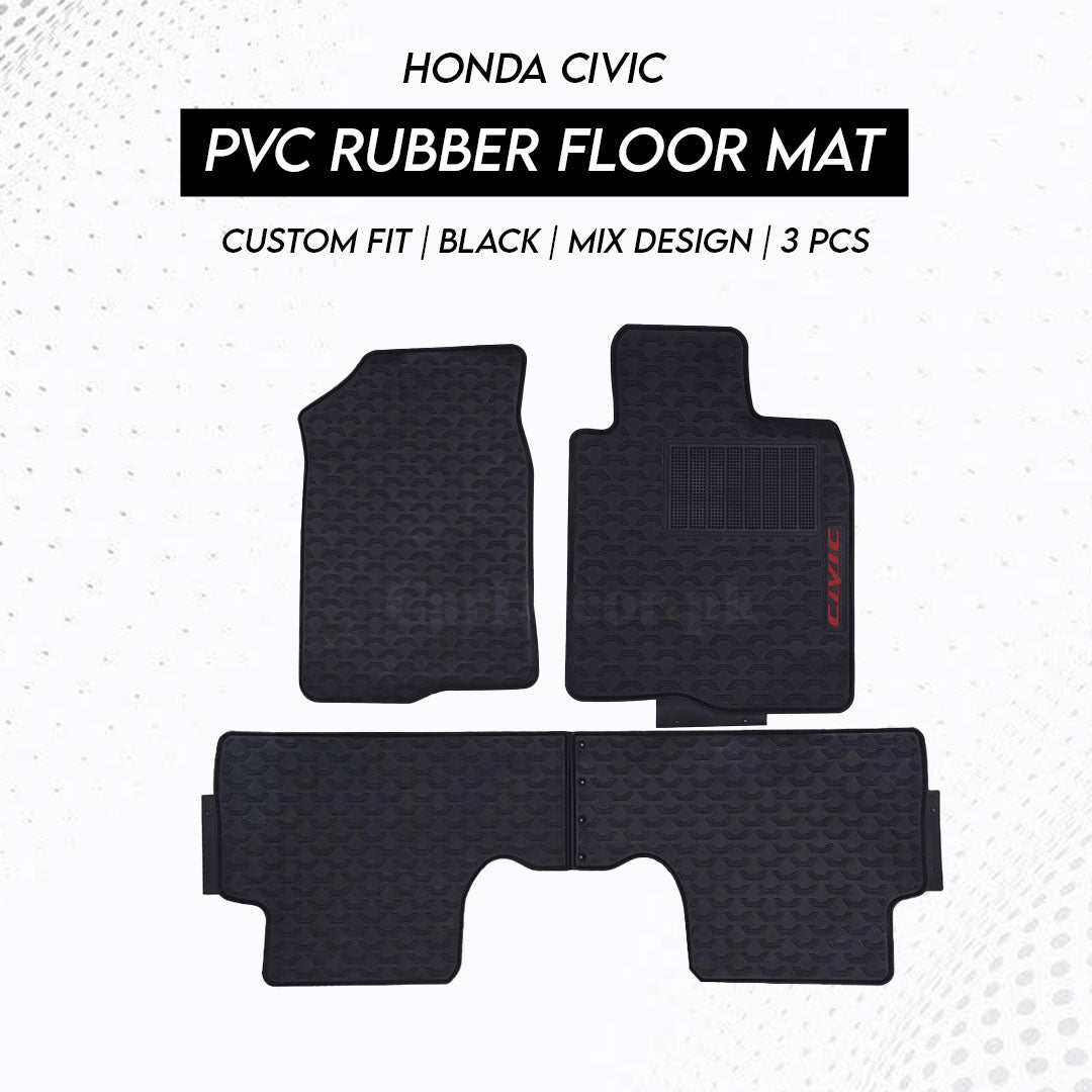 Honda Civic 2016–2021 PVC Rubber Floor Mat | Custom Fit Black Mix Design (3 Pcs Set)